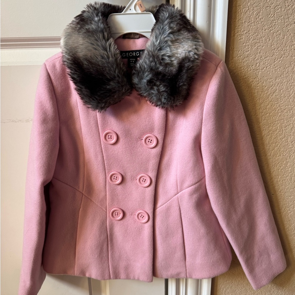 George Women's Pink Pea Coat with Faux Fur Collar